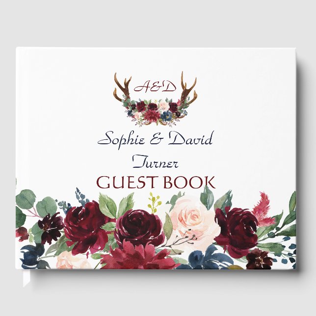 Livre D'or Boho Merlot Marine Blue Floral Antlers Mariage (Recto)