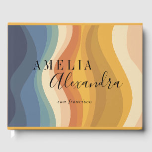 Livre D'or Boho Retro Script Abstrait Wavy Lines Jaune Bleu