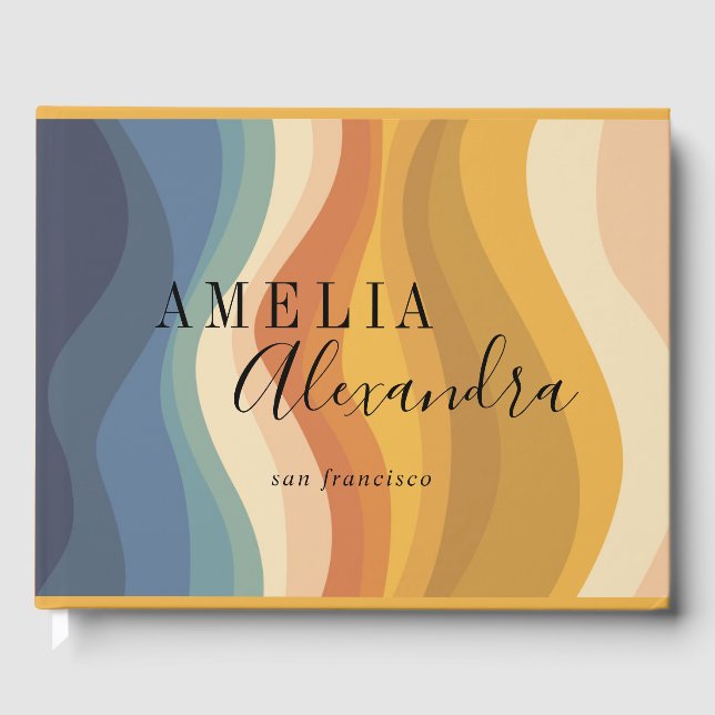 Livre D'or Boho Retro Script Abstrait Wavy Lines Jaune Bleu (Recto)