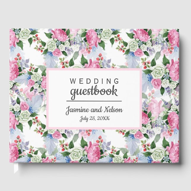 Livre D'or Boho rose blanc bleu Mariage Fleur personnalisée (Recto)