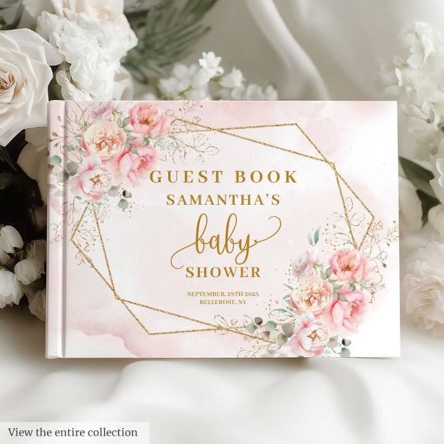 Livre D'or Boho rose vif sauge floral or parties scintillant  (Boho blush pink sage floral gold glitter guest book)