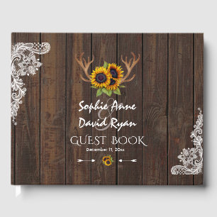 Livre D'or Boho Sunflowers Antlers Mariage en dentelle de boi