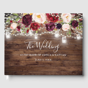 Livre D'or Bois rustique Bourgogne Floral Lumières Mariage