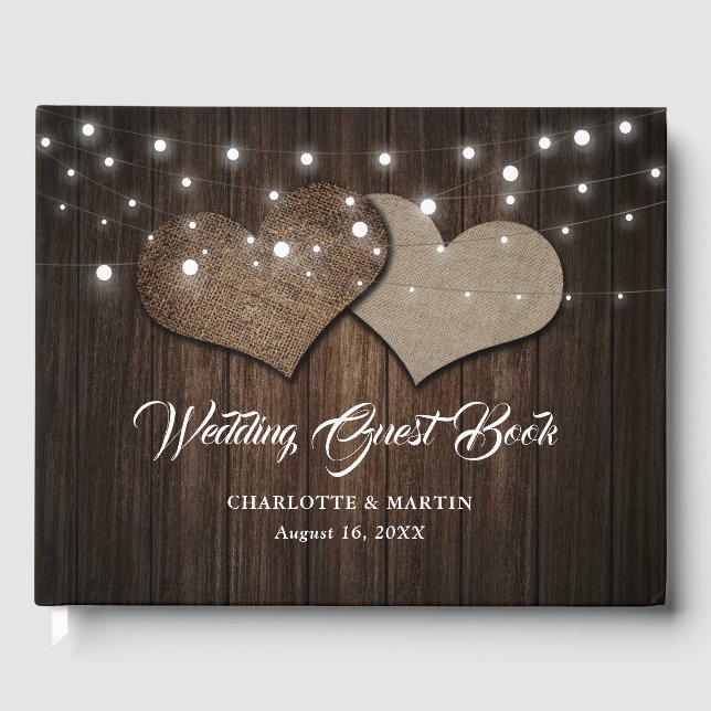 Livre D'or Bois rustique Burlap Coeurs Chaîne Lumières Mariag (Recto)