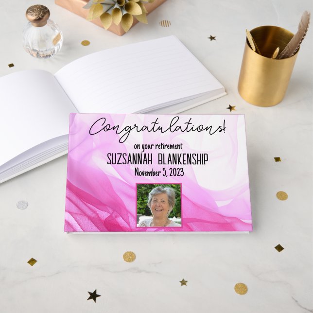 Livre D'or Bonne retraite rose aquarelle photo personnalisée (Recto ouvert)