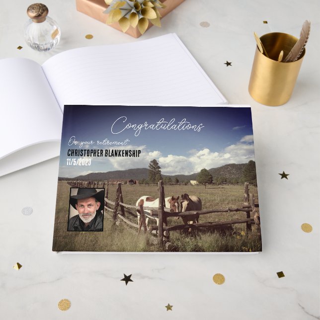 Livre D'or Bonne retraite Rurale Chevaux de scène Photo Custo (Recto ouvert)