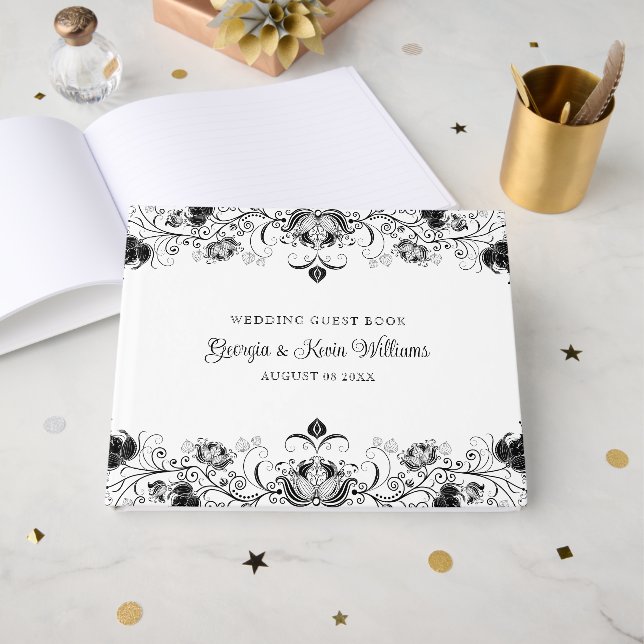Livre D'or Bordure florale noire en blanc (Recto ouvert)