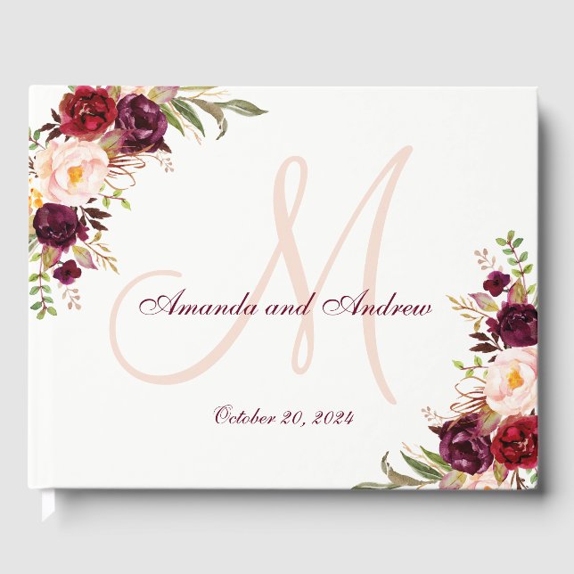 Livre D'or Bourgogne Floral Chic Grey Monogramme photo Mariag (Recto)