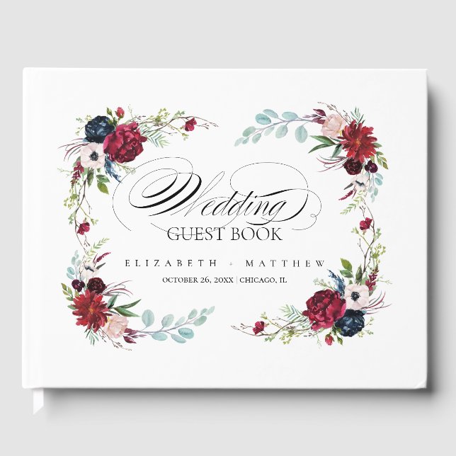 Livre D'or Bourgogne | Mariage d'aquarelle bleu marine (Recto)