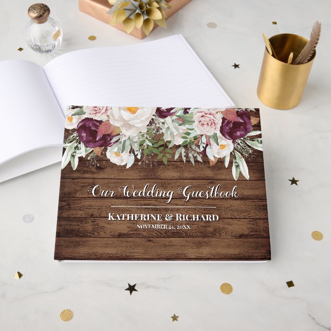 Livre D'or Burgundy Blush Aquarelle Mariage Floral (Recto ouvert)