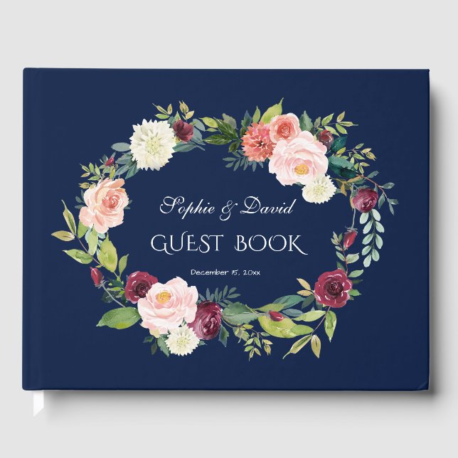 Livre D'or Burgundy Blush Floral Dark Blue Wreath Mariage (Recto)
