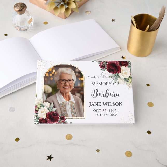 Livre D'or Burgundy Ivory White Floral Memorial (Recto ouvert)