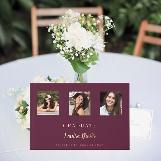 Livre D'or Burgundy rose or nom script photo Graduation (Créateur téléchargé)