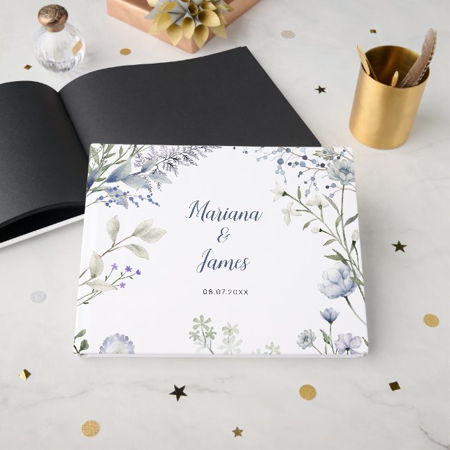 Livre D'or Cadre de fleurs sauvages bleu aquarelle (Recto ouvert)