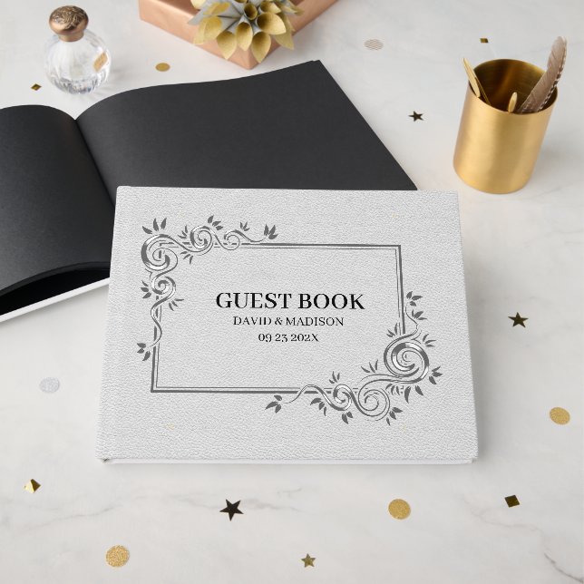 Livre D'or Cadre noir en cuir blanc Faux (Recto ouvert)
