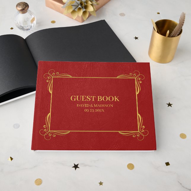 Livre D'or Cadre rouge en cuir or (Recto ouvert)