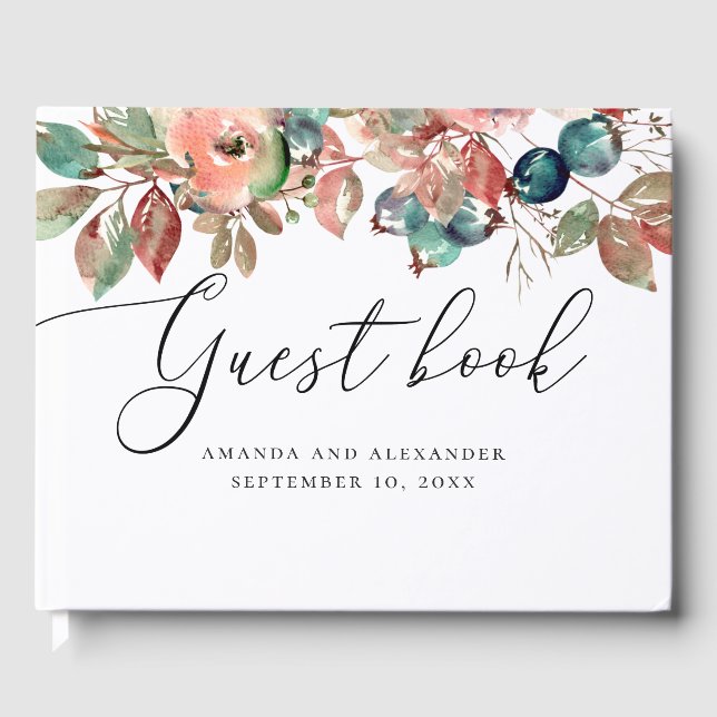 Livre D'or Cascade chute floral bleu script mariage (Recto)