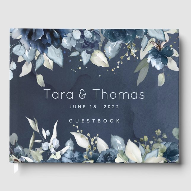 Livre D'or Cascading Peonies Mariage Marine Bleu (Recto)