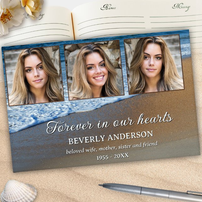 Livre D'or Célébration de la vie mémorial Keepsaké photo (Celebration of life guest book featuring 3 custom photos framed by waves rolling on the beach)