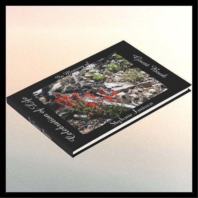 Livre D'or Célébration de la vie, nom, Fleurs rouges et roche (Créateur téléchargé)