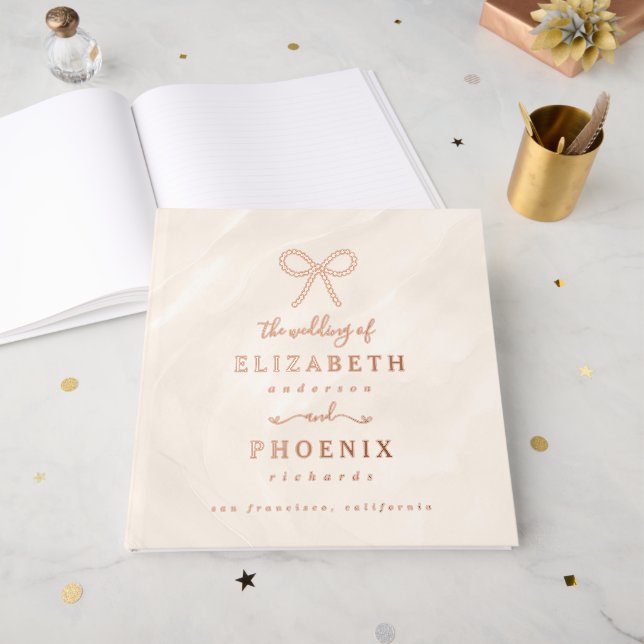 Livre D'or Champagne Pearl Bow Elegant Square Wedding (Recto ouvert)