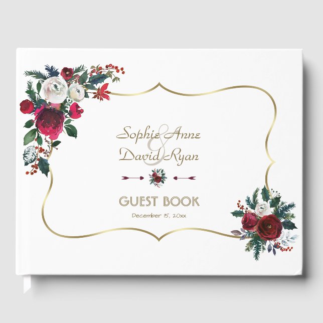 Livre D'or Charmant Hiver Bourgogne Floral Pine Gold Mariage (Recto)