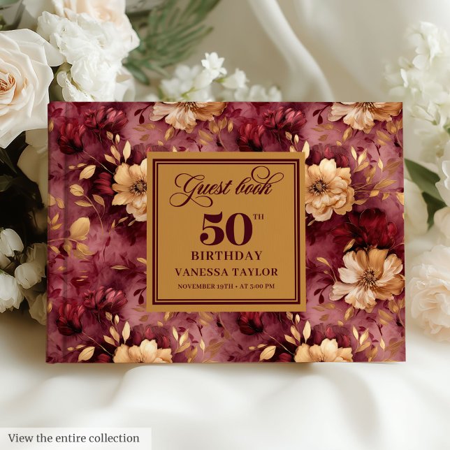 Livre D'or Chic Boho Marsala Blush Gold Flowers 50e anniversa (Chic Boho Marsala Blush Gold Flowers 50th Birthday)
