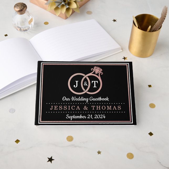 Livre D'or Chic Faux Rose Gold Foil Monogramme Mariage Cercle (Recto ouvert)