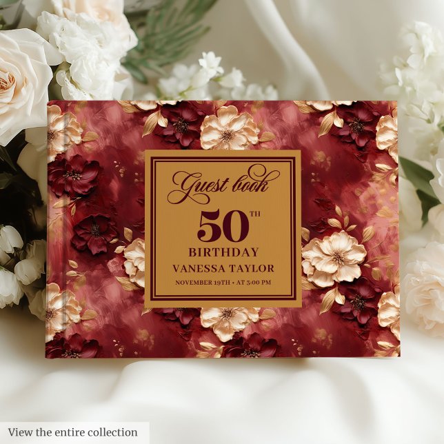 Livre D'or Chic Marsala Blush Gold Flowers 50e anniversaire (Chic Marsala Blush Gold Flowers 50th Birthday Guest Book )