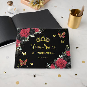 Livre D'or Chic Papillons Floraux Rouge Noir Quinceanera Or