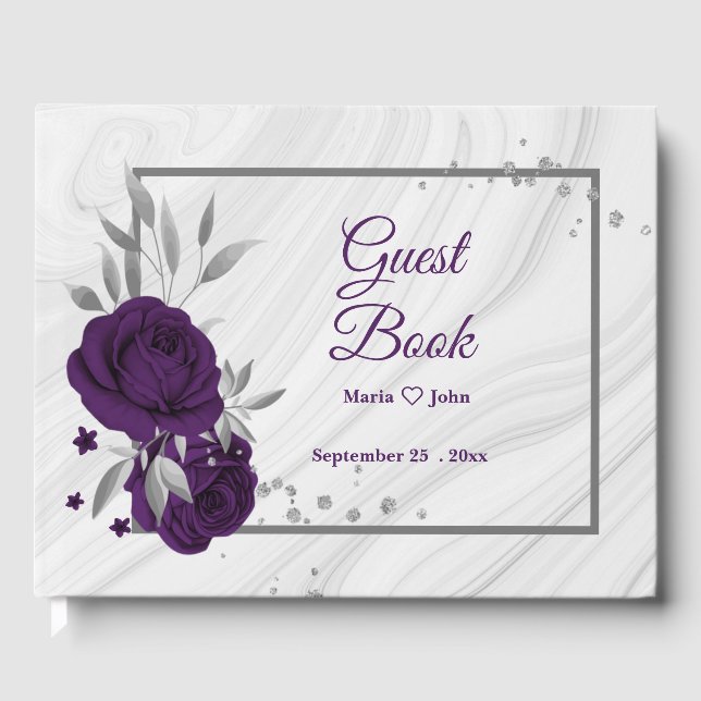 Livre D'or chic royal violet floral argent feuille géométriqu (Recto)
