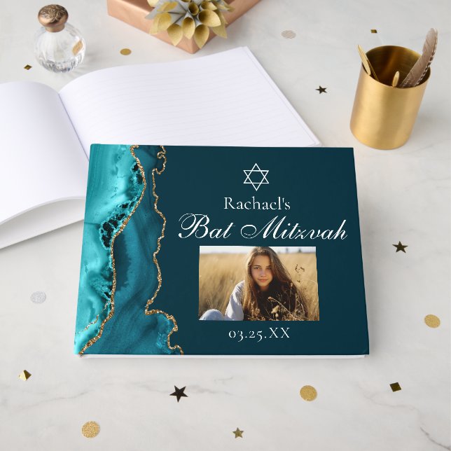 Livre D'or Chic Turquoise Gold Agate Bar Mitzvah Party Photo (Recto ouvert)
