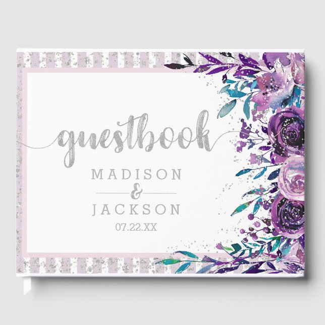 Livre D'or Chic violet floral et Mariage argenté (Recto)