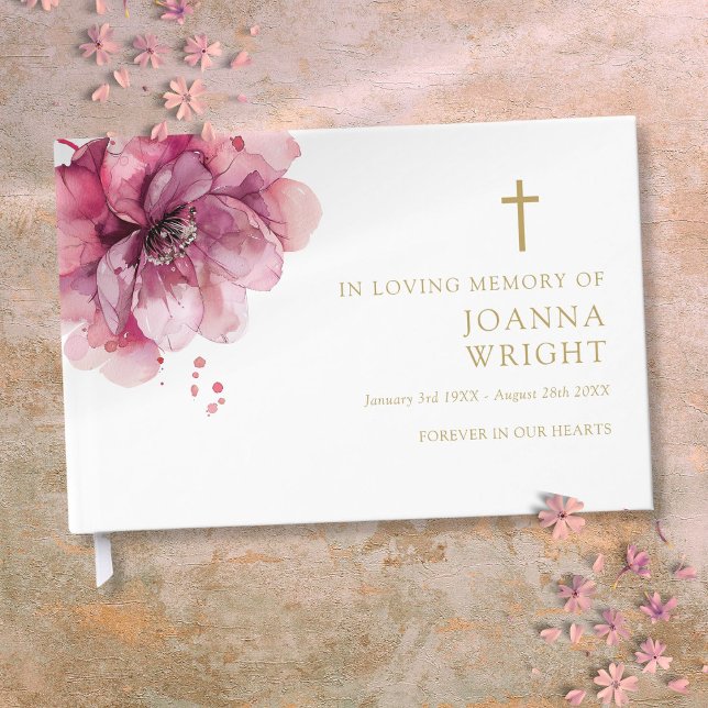 Livre D'or Chrétien Floral Rose dans l'amour Mémoire funérair (Pink Floral Christian In Loving Memory Funeral Guest Book)