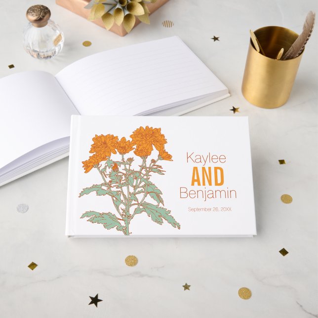 Livre D'or Chrysanthème mariage fleur orange automne  (Recto ouvert)