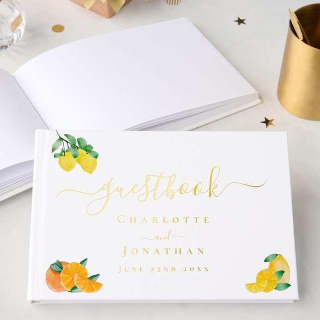 Livre D'or Citron et Mariage d'agrumes orange (Lemon and orange citrus gold foil custom wedding guest book)