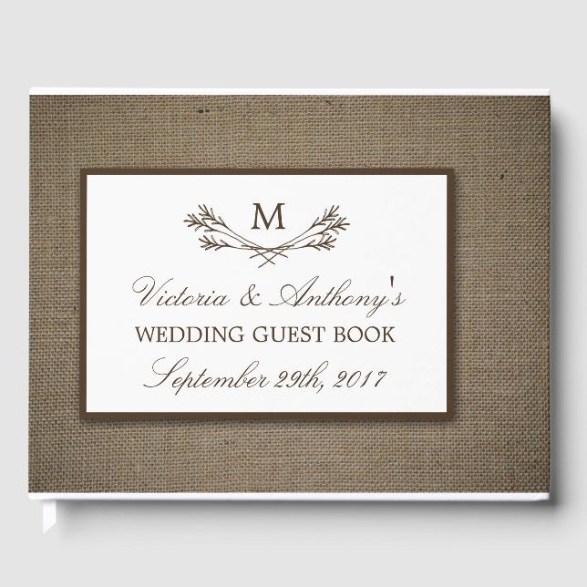 Livre D'or Country Rustic Monogramme Branche & Mariage Burlap (Recto)