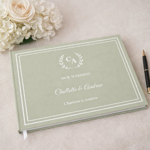 Livre D'or Couronne de mariage vert sauge monogrammée