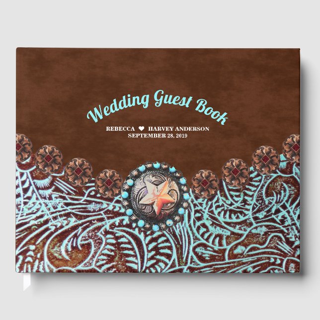 Livre D'or cowboy brun turquoise pays mariage de l'ouest (Recto)