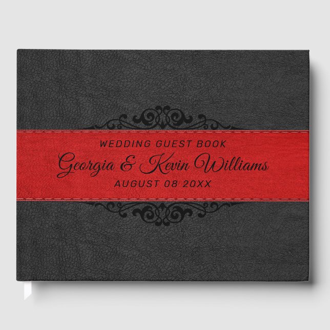 Livre D'or Cuir noir et rouge accent floral noir (Recto)