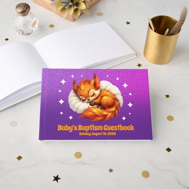 Livre D'or Cute Fox Cub Asleep in Starry Sky Baptism (Recto ouvert)