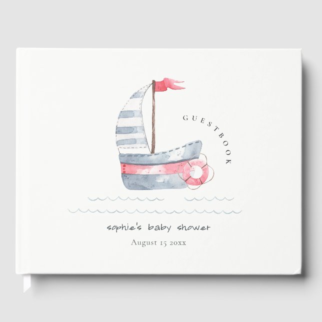 Livre D'or Cute Nautical Pastel Rouge Bleu Baby shower de voi (Recto)