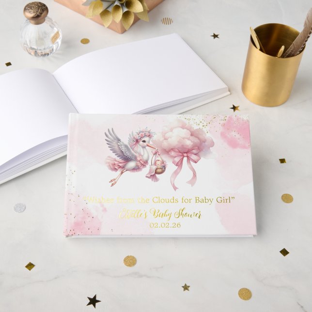 Livre D'or Cute Pink Stork with cloud Baby Girl Shower  (Créateur téléchargé)