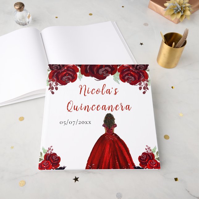 Livre D'or Dark Skin Princess Red Quinceanera Guest Book (Recto ouvert)