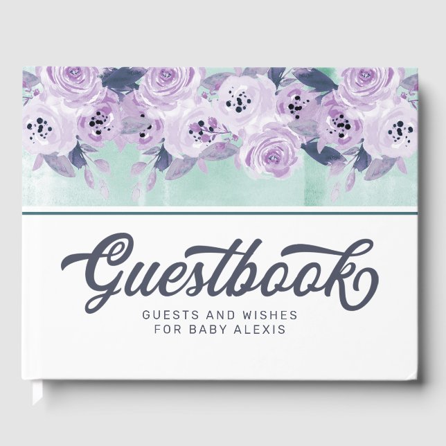Livre d'or de Baby Shower Chic Fleurs Violettes et (Recto)