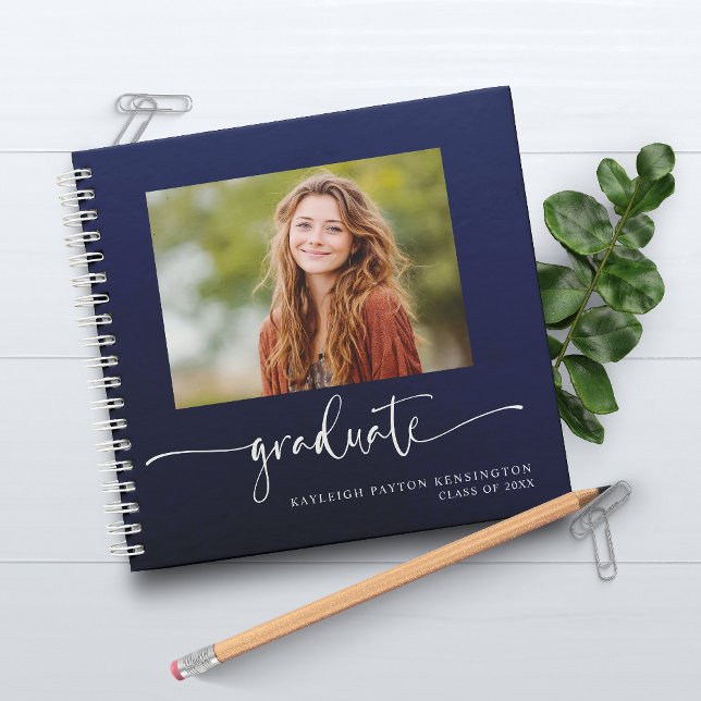 Livre d'or de la Marine moderne Blue Graduation av (Modern Navy Blue Graduation Guest Book with Photo)
