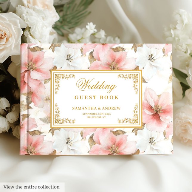 Livre d'or de mariage à l'aquarelle dans des tons  (Lovely watercolor dusty pink gold wedding guest book)