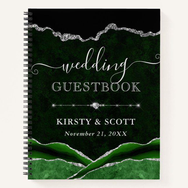 Livre d'or de mariage Agate Pailleté Vert & Argent (Devant)