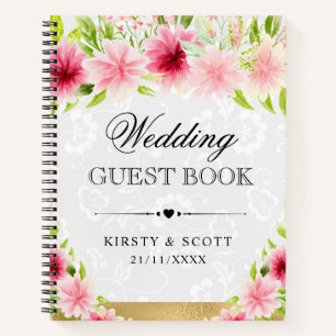 Livre d'or de mariage aux fleurs roses aquarelle