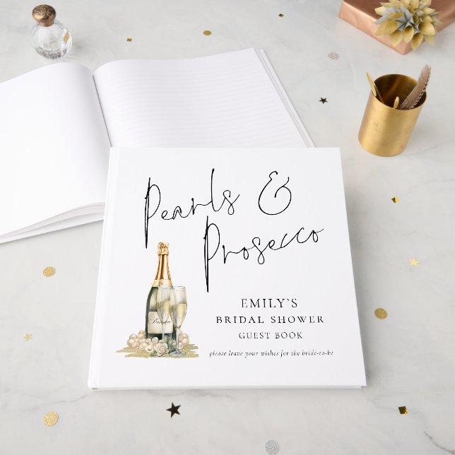Livre d'or de mariage Élégantes Perles Prosecco (Recto ouvert)